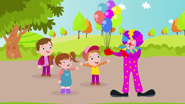 Funny clown giving colorful balloon to cute children