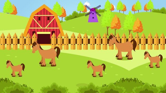 Horses with cubs at farm with windmill background