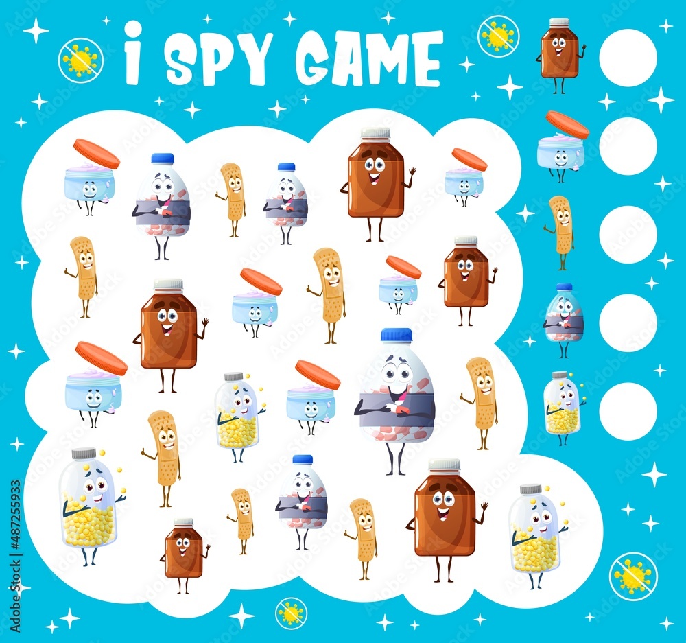 Poster i spy game worksheet of vector pill and medication characters. maths kids game or puzzle with task o