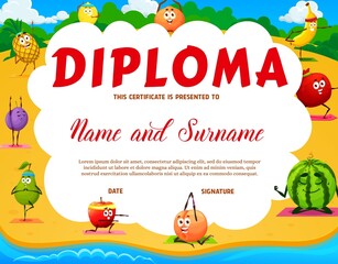 Kids yoga diploma, cartoon fruits characters on yoga fitness. Vector graduation certificate with funny pineapple, lemon, mandarin, banana, garnet, watermelon, peach, apple, pear and plum personages