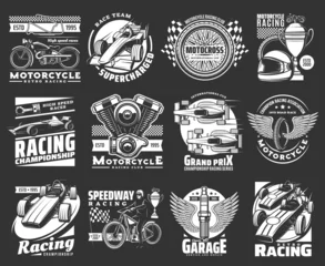 Foto auf Leinwand Motorcycle and car race sport icons set. Vintage motorbike, formula one modern and retro car, bike engine and racing cup engraved vector. Racing championship, repair service garage emblem or icon © Vector Tradition