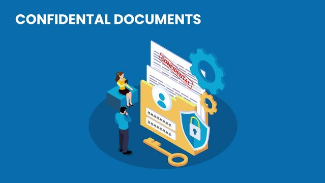 Two people look at a folder with confidential word