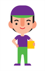 Flat design delivery man character in uniform carrying parcel and with hand on waist. Vector character