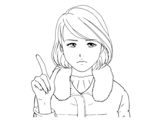 ダウンコートを着る女性②指さし_怒り顔_線画