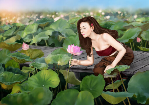 woman in the lotus garden 