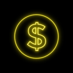 Neon dollar sign. Glowing USD currency symbol icon.