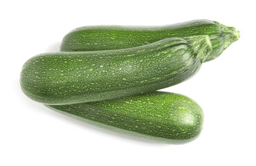 Raw ripe zucchinis on white background, top view