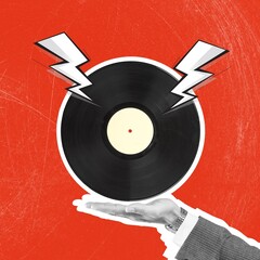 Timelsess music. Composition with retro vinyl record on bright background.
