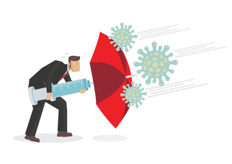 Businessman using red umbrella