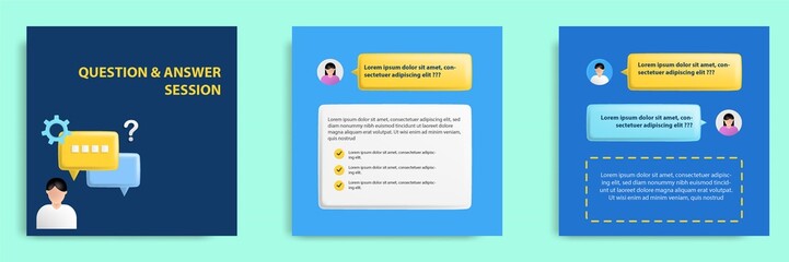 Social media informative FAQ post banner template layout design in 3D cartoon style, multicolor background with character, question answer bubble chat text box.