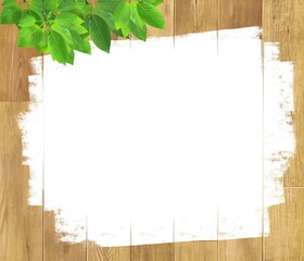 新緑の葉っぱとぬくもりのある色調の木目の板に白いペンキの壁紙や背景素材