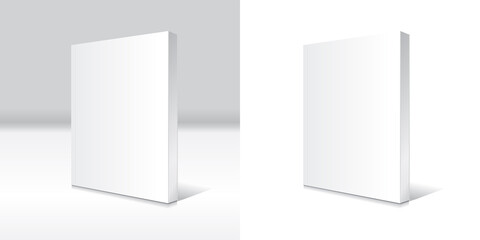 Blank white standing softcover book or magazine mockup template white and gray background.