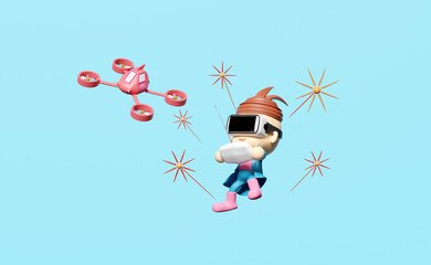 Naklejka premium cartoon character boy playing with flying drone isolated on blue background. cute children and virtual reality glasses helmet controlling toy remote concept, 3d illustration, 3d render