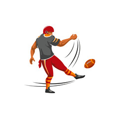 Quarterback or kicker american football player vector character. American football sport game player in helmet with ball in action - obrazy, fototapety, plakaty