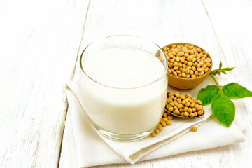Milk soy in glass with leaf on light board