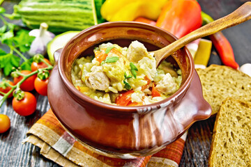 Rice with chicken and vegetables in pot on wooden board