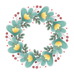 Flowers and Leaves Wreath Digital Watercolor Paint isolated on white background.