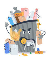 The problem of garbage separation. Angry trash can character eats paper plastic and household trash. Flat vector illustration. Eps10.