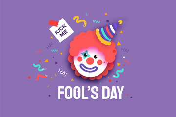 April Fools Day with Clown Character in paper cut style. April 1 party. Present joke box. Fools' Day Poster. Funny spring holiday. - obrazy, fototapety, plakaty