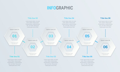 Abstract business honeycomb infographic template with 6 options. Blue diagram, timeline and schedule isolated on light background.
