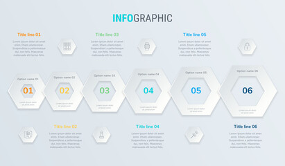 Vector infographics timeline design template with honeycomb elements. Content, schedule, timeline, diagram, workflow, business, infographic, flowchart. 6 steps infographic.