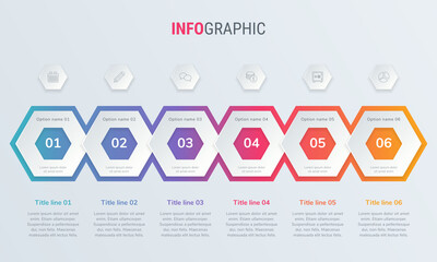 Colorful diagram, infographic template. Timeline with 6 steps. Honeycomb  workflow process for business. Vector design.