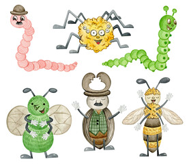 Watercolor cute cartoon beetles clipart set. Hand drawn worm, spider, caterpillar, fly, stagbeetle, bee illustartion.