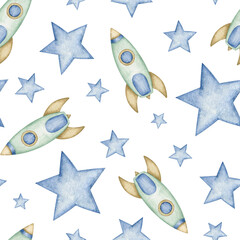 Rocket and stars baby boy watercolor seamless pattern. Hand drawn  wooden toys wrapping paper, nursery boy fabric desing, baby shower decoration texture.