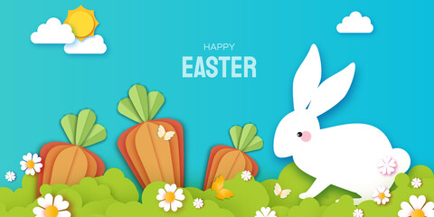 Happy Easter Rabbit with carrot. Cute white rabbits in paper cut style. Bunny, flowers and butterfly. Spring holidays in modern style. Easter Egg Hunt with egg hunt. Spring scene.