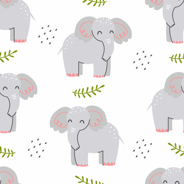 Seamless pattern with cute elephant on a white background. Vector childish illustration
