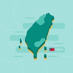 3d vector map of Taiwan with name and flag of country on light green background and dash.