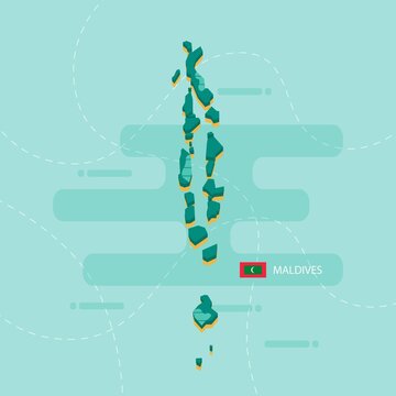 3d vector map of Maldives with name and flag of country on light green background and dash.
