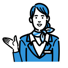 笑顔で説明をしている客室乗務員の若い女性
