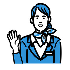 手を挙げて笑顔で挨拶している客室乗務員の若い女性
