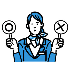 マルバツの札を持って考えている客室乗務員の若い女性
