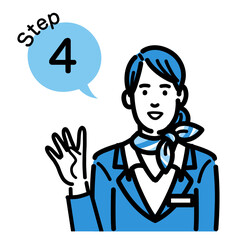 ステップ4　工程を説明する客室乗務員の若い女性
