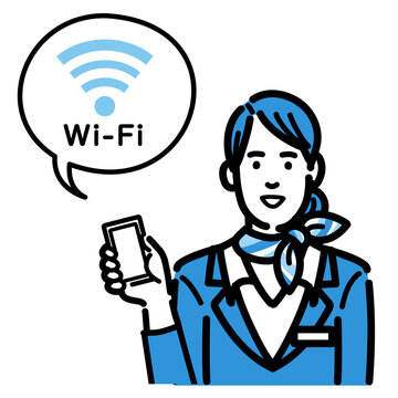 スマートフォンを持ってWi-Fiの説明をしている客室乗務員の若い女性
