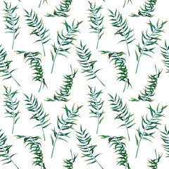 Naklejka na ściany i meble Watercolor seamless pattern with tropical green leaves isolated on white background. Floral illustration for design of floral shop, fabric, textile, wrapping paper, card, package.