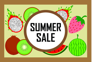 Summer sale banner with ripe fruits on background. 