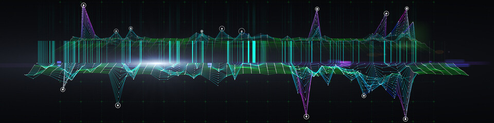 Abstract  background with wireframe technology grid and blurred  lines on black.  Big Data. Visual 3d presentation of analysis research..   Banner for business, science and technology.