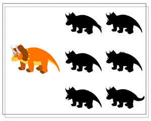 Children's logic game find the right shadow, cute cartoon dinosaur. Vector