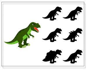 Children's logic game find the right shadow, cute cartoon dinosaur. Vector