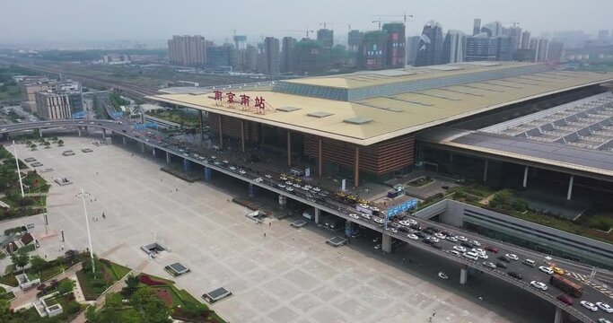Aerial view of Nanjing South Railway station, with newly constructed part of the city in background.