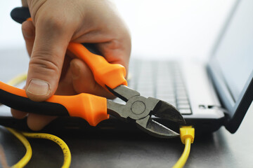 Information Technology. Laptop connected to the Internet. Information war.