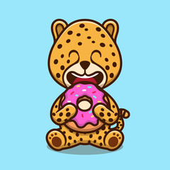Cute cheetah eating doughnut cartoon vector icon illustration
