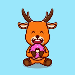 Cute deer eating doughnut cartoon vector icon illustration