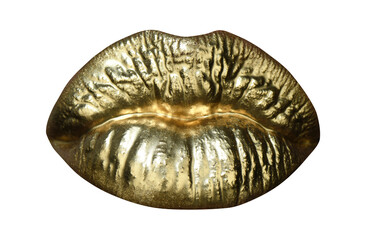 Closeup female plump lips with gold color makeup. Golden glitter cosmetic. Shine christmas style for sexy lips. Gold metal lip. Isolated on white.