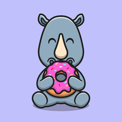 Cute rhino eating doughnut cartoon vector icon illustration