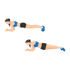 Woman doing Plank hip dips exercise. Flat vector illustration isolated on white background - obrazy, fototapety, plakaty
