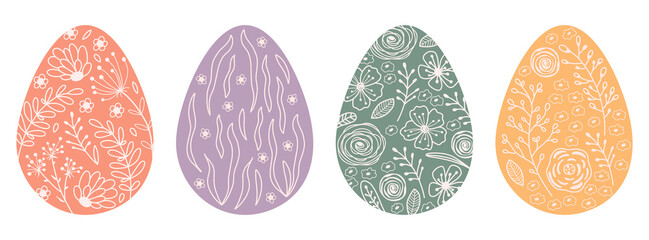 Set silhouettes Easter eggs with spring flowers, leafs and branch. Illustration colorful and minimalistic Easter eggs. Vector - 487266579